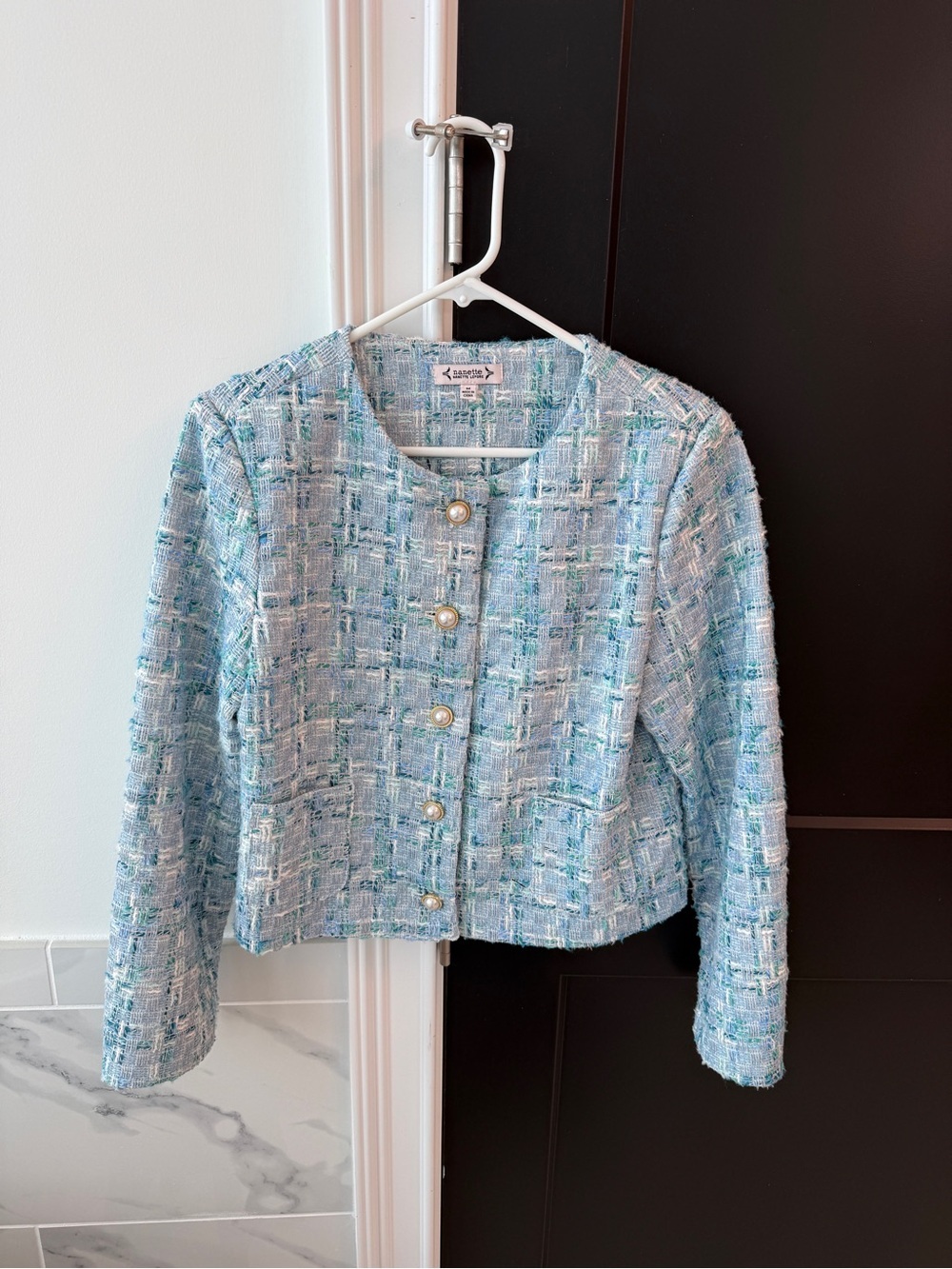 Nanette Lepore Light Blue Tweed Pearl-Button Cropped Jacket